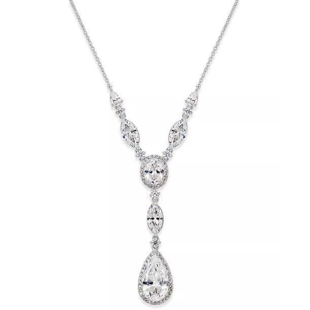 Nadri Cubic Zirconia Y Necklace Silver Tone Bridal Statement Necklace